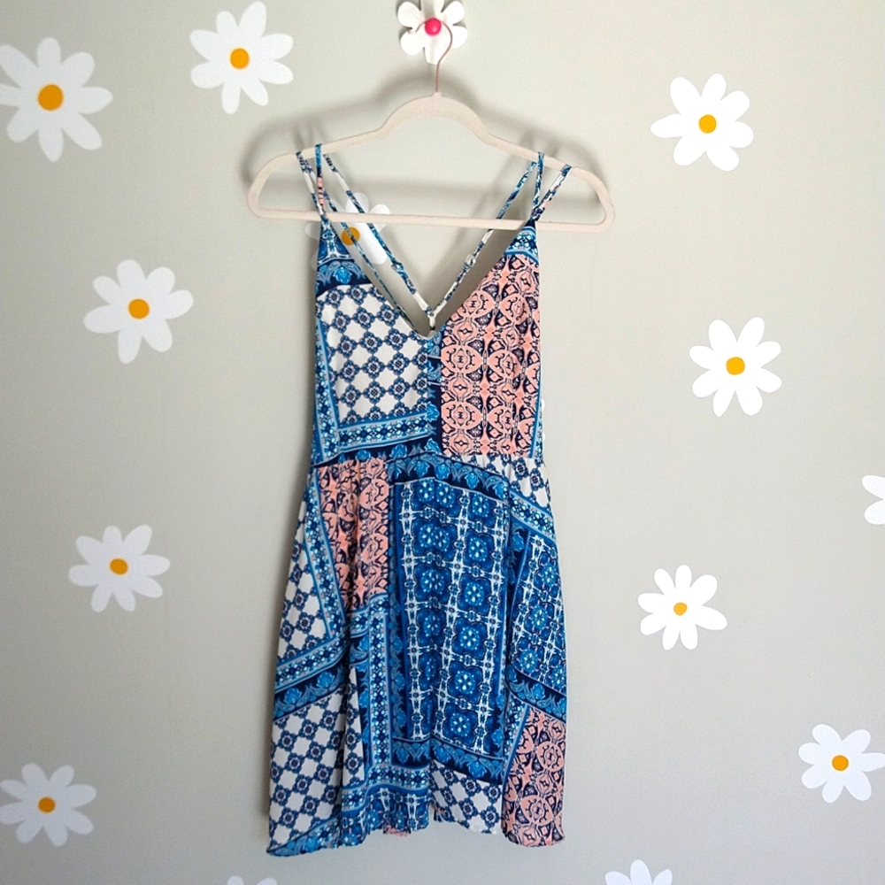 Paper Crane Strappy Blue, White, & Pink Patterned Dress